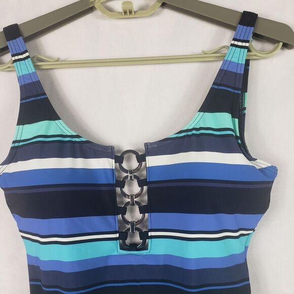 Michael Michael Kors Swimsuit Womens 8 Black Multi Stripe One Piece O-Ring - Picture 5 of 13